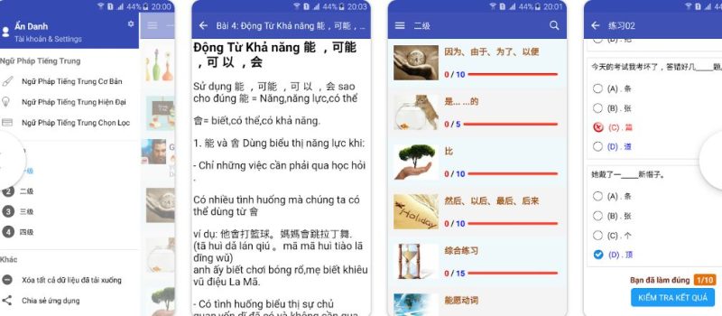 Các tính năng chính của app Học ngữ pháp tiếng Trung