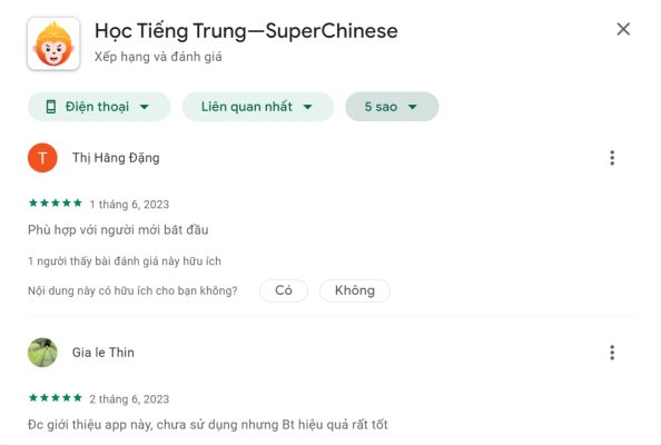 Đánh giá của người dùng app Super Chinese