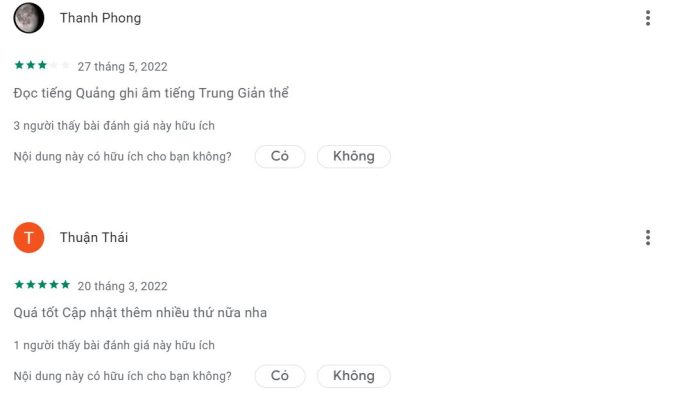 Đánh giá của người dùng app Học tiếng Quảng Đông mỗi ngày trên Google Play