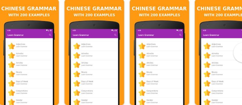 Giao diện chính của app Learn Chinese Grammar