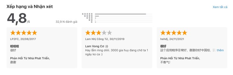 Đánh giá và nhận xét của người dùng App Hello Chinese